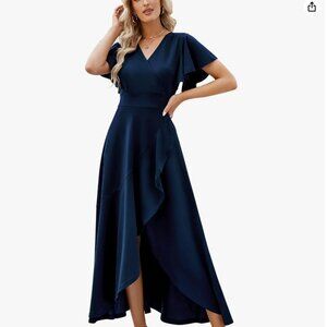 ZZV Split Elegant V Neck Wrap Ruffle Wedding Guest Dresses (Navy, L)